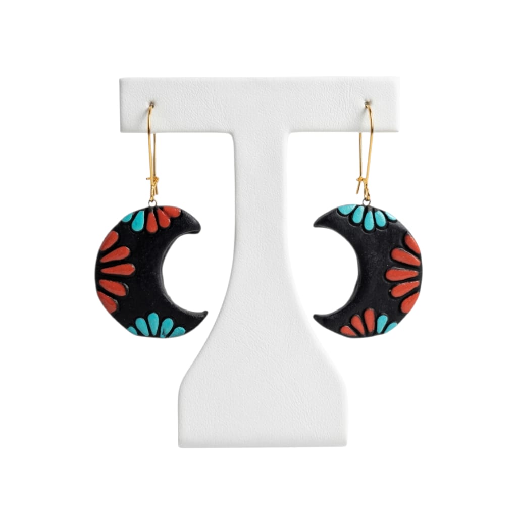 Terracotta Half-Moon Shaped Dangle Earrings(Floral Design)