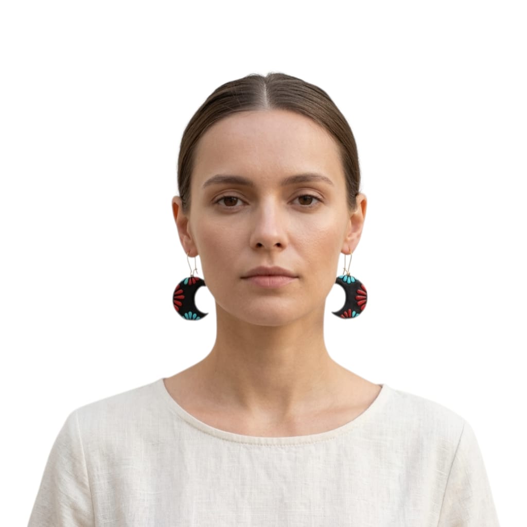 Terracotta Half-Moon Shaped Dangle Earrings(Floral Design)