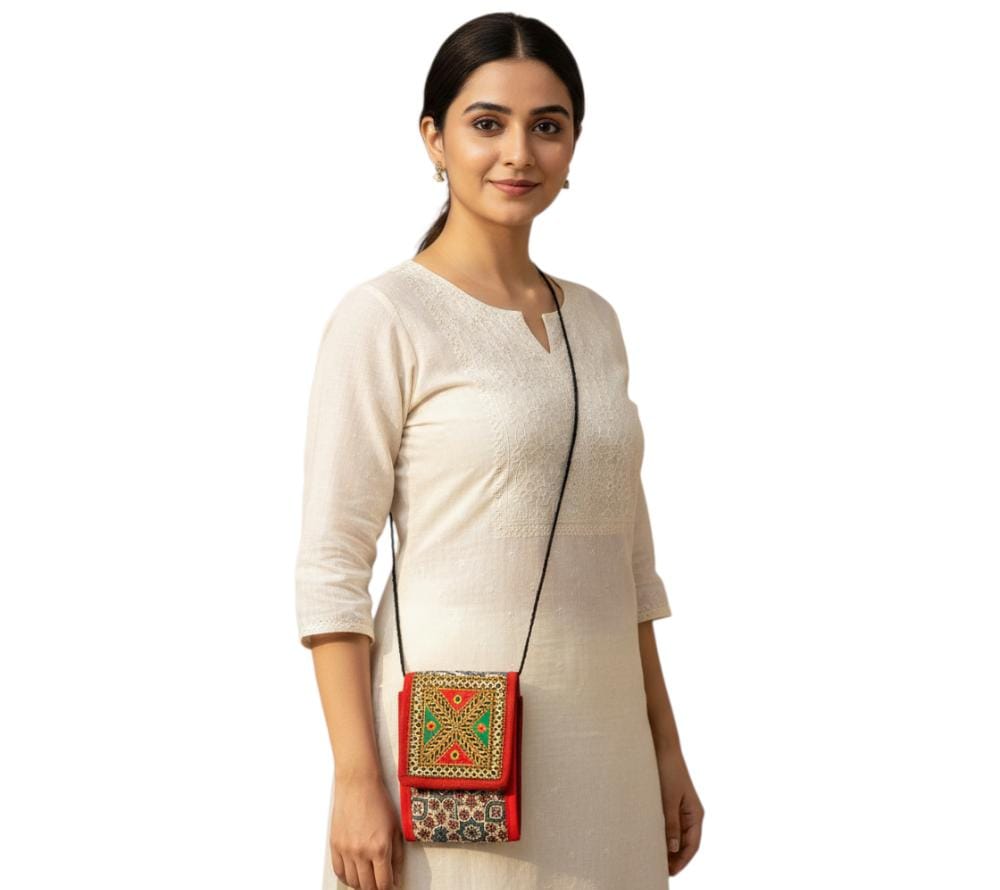 Ajrakh Printed Kutch Embroidery Sling Bag