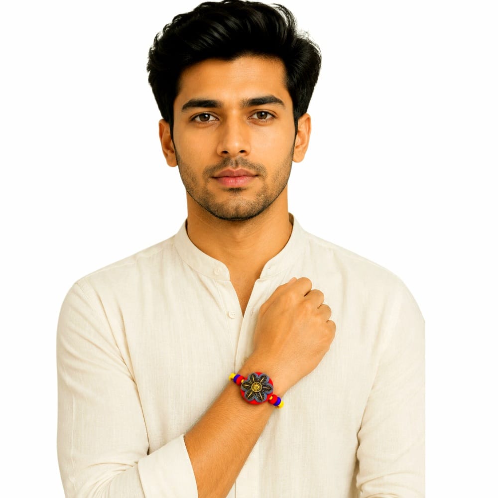 Purely Handmade & Handpainted Clay Rakhi – Unique Artistic Bracelet Rakhi with Traditional Designs