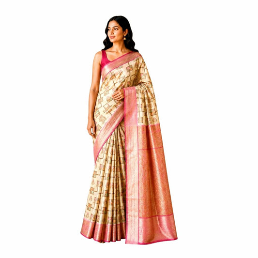 Beige Cotton Silk Saree With Intricate Silver Zari Work