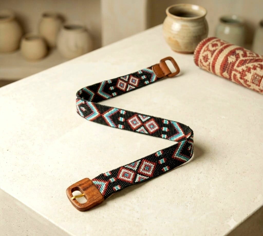 Glass Beaded Elastic Belt/Waistband (Broad) With Wooden Buckle