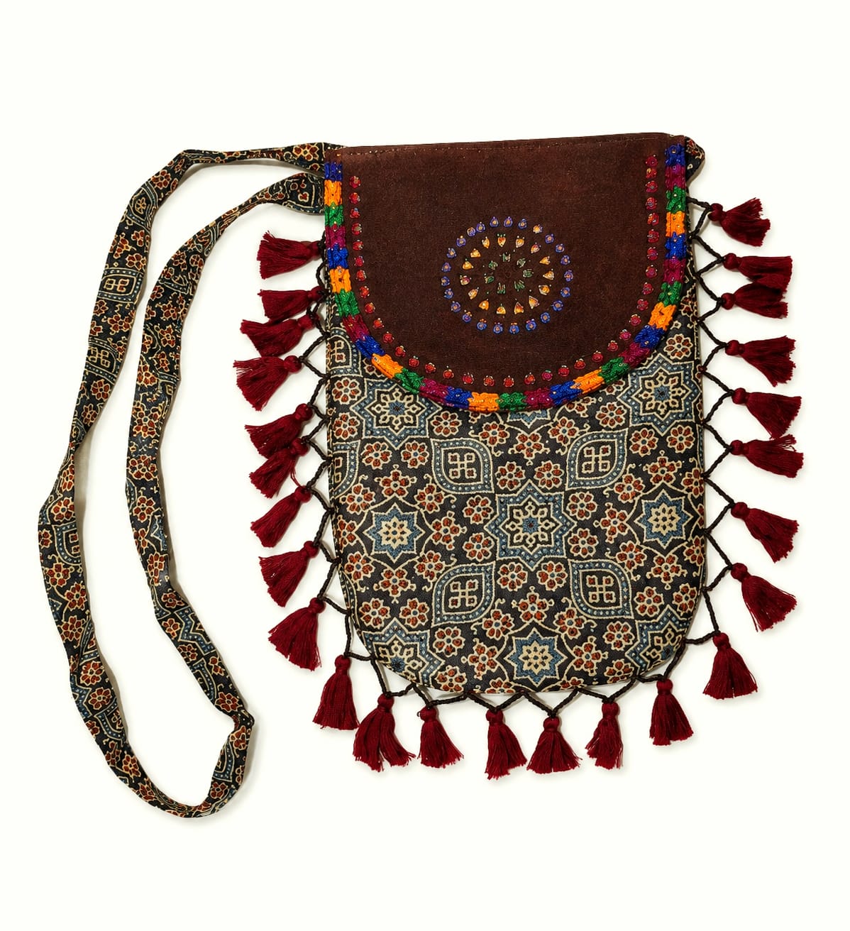 Gajji Silk Ajrakh Printed Leather Crossbody Flip Sling Bag