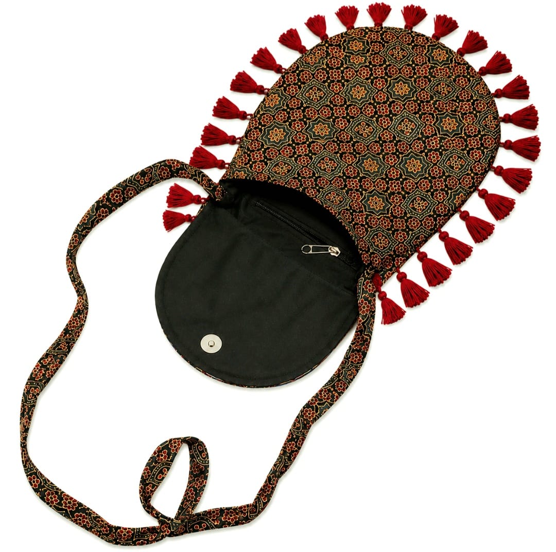 Gajji Silk Ajrakh Printed Leather Crossbody Flip Sling Bag