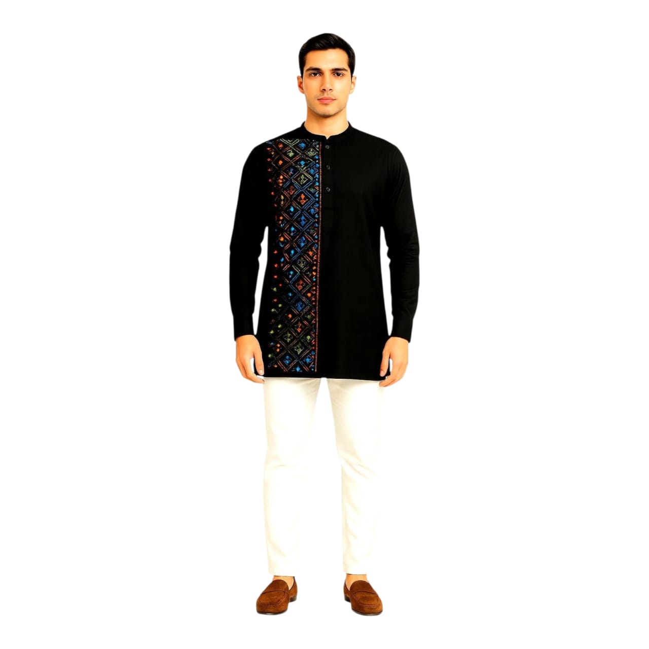 Pure Cotton Short Kurta For Men( With Kantha Stitch Hand Embroidery Work)