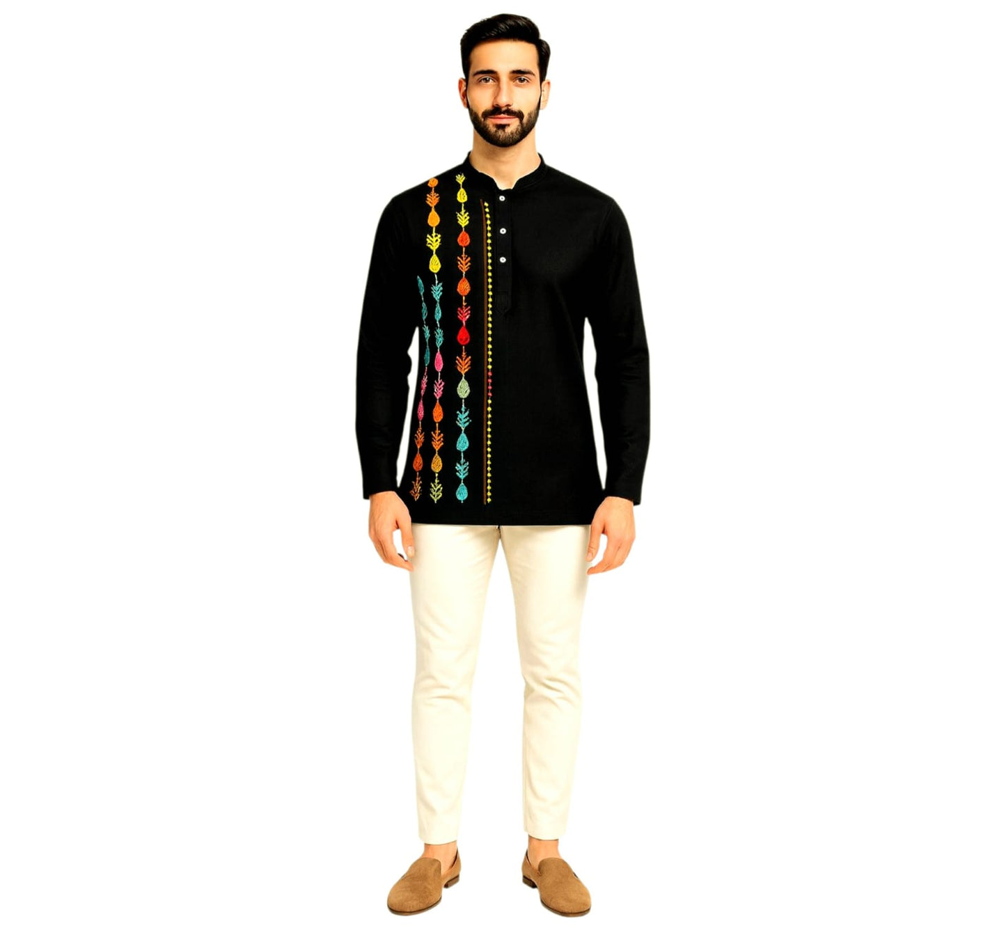 Pure Cotton Short Kurta For Men( With Kantha Stitch Hand Embroidery Work)