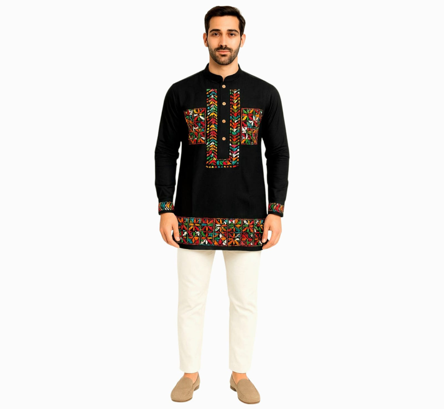 Pure Cotton Short Kurta For Men( With Kantha Stitch Hand Embroidery Work)
