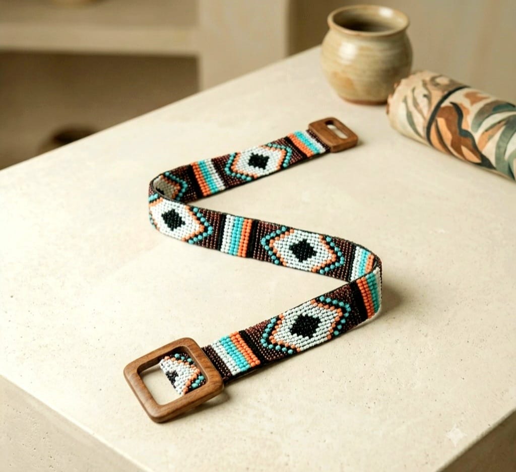 Glass Beaded Elastic Belt/Waistband (Thin) With a Wooden Buckle