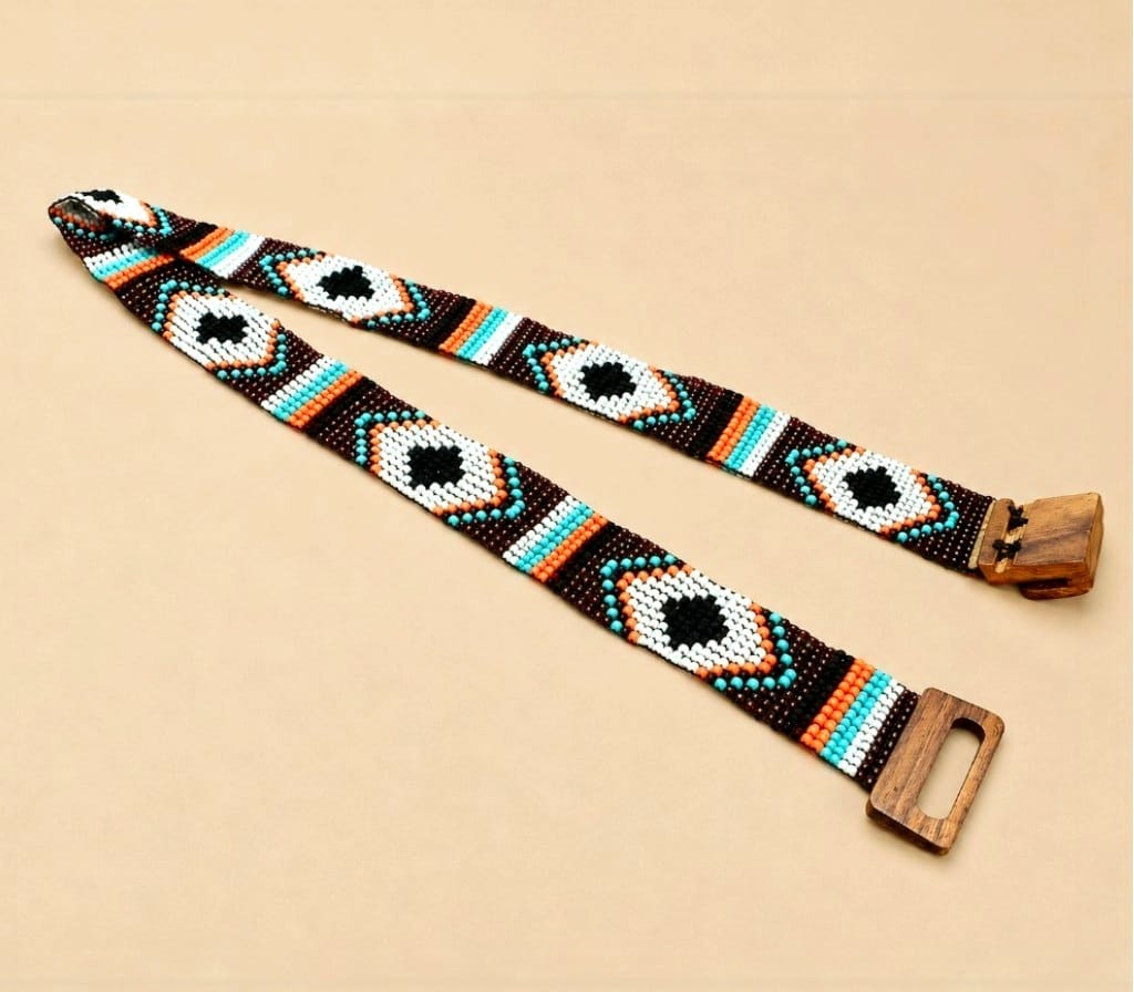 Glass Beaded Elastic Belt/Waistband (Thin) With a Wooden Buckle