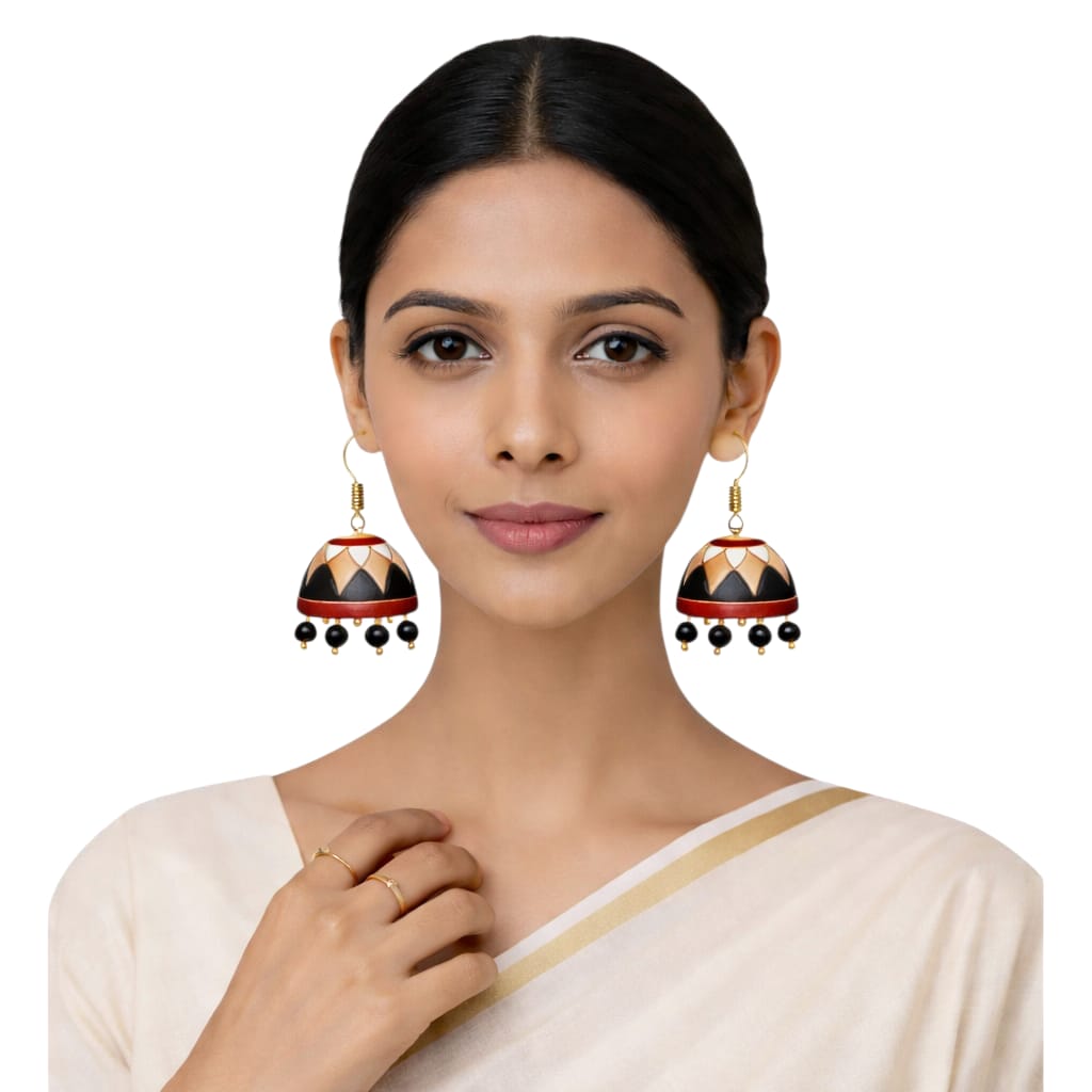 Purely Handmade Terracotta Multi-Coloured Dome Shaped Jhumka Earrings(With Beads)