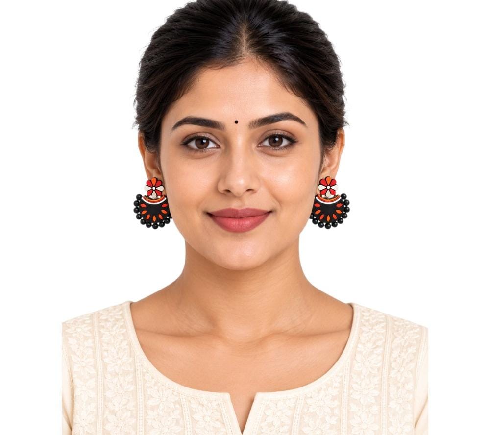 Fashweave Purely Handmade Terracotta Stud Earrings (Half Circle Floral Design)