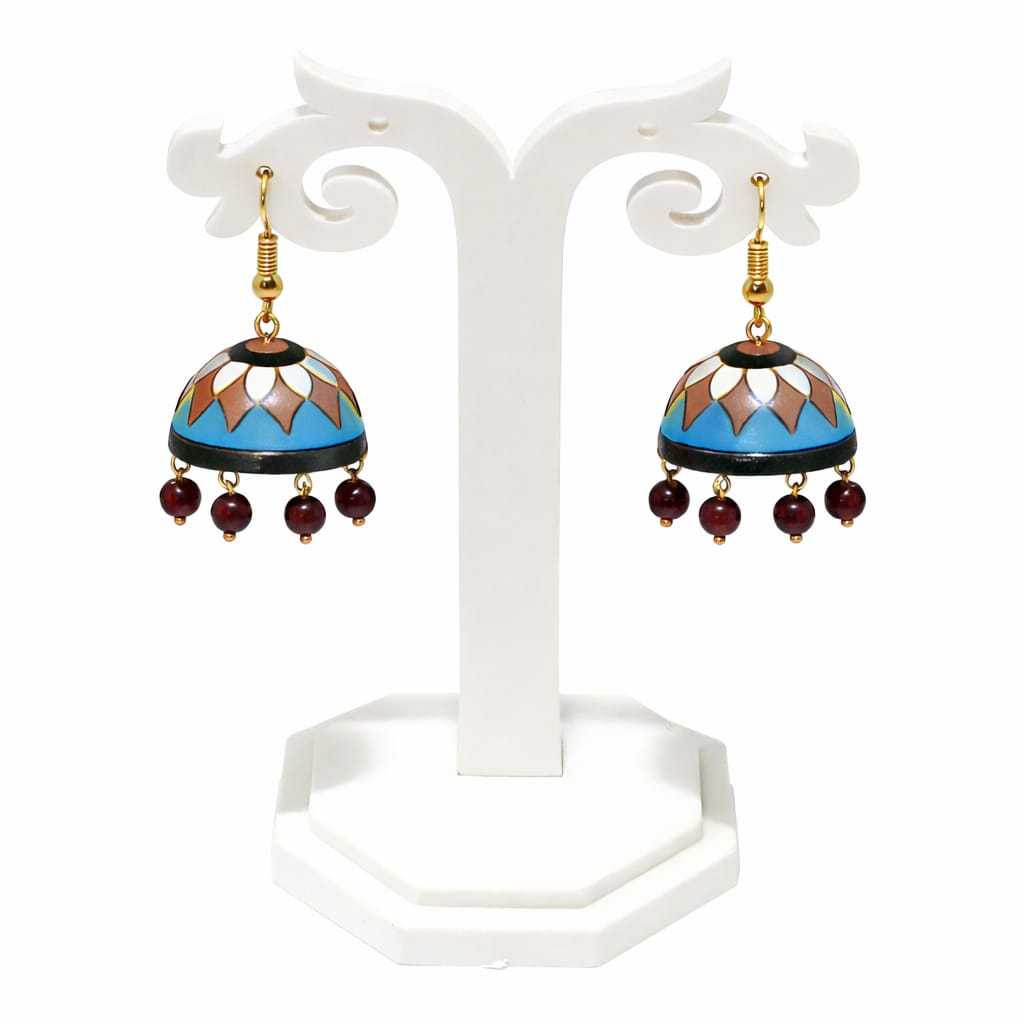 Purely Handmade Terracotta Multi-Coloured Dome Shaped Jhumka Earrings(With Beads)