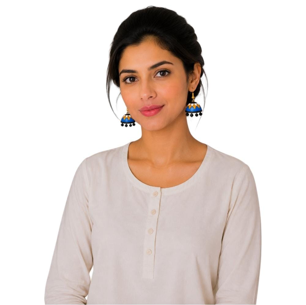 Purely Handmade Terracotta Multi-Coloured Dome Shaped Jhumka Earrings(With Beads)