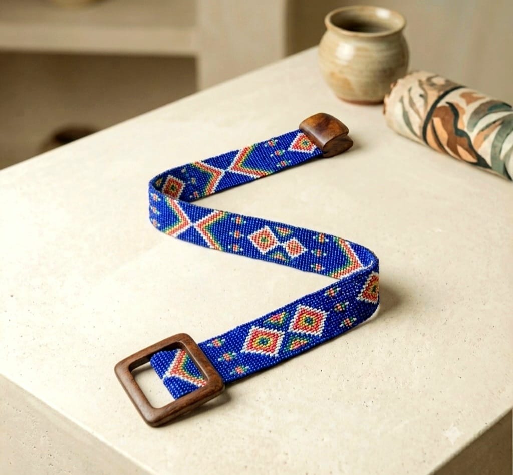 Glass Beaded Elastic Belt/Waistband (Broad) With Wooden Buckle