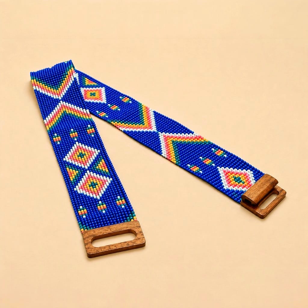 Glass Beaded Elastic Belt/Waistband (Broad) With Wooden Buckle