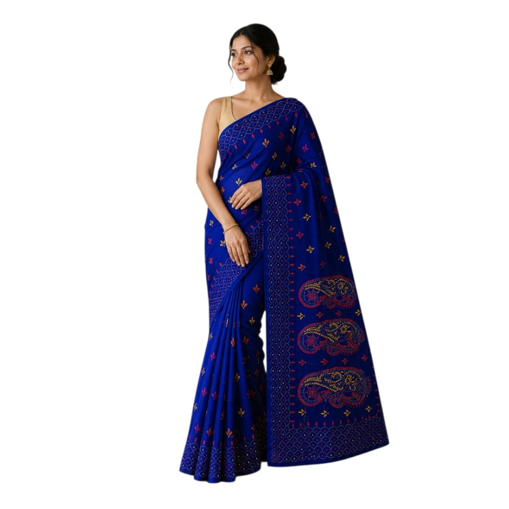 Hand Embroidered Kantha Cotton Silk Saree With Thread Work, Comfortable Fabric And Blouse Piece