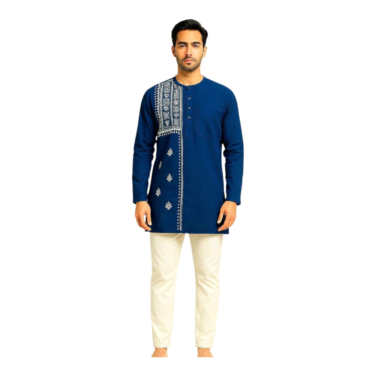 Pure Cotton Short Kurta For Men( With Kantha Stitch Hand Embroidery Work)