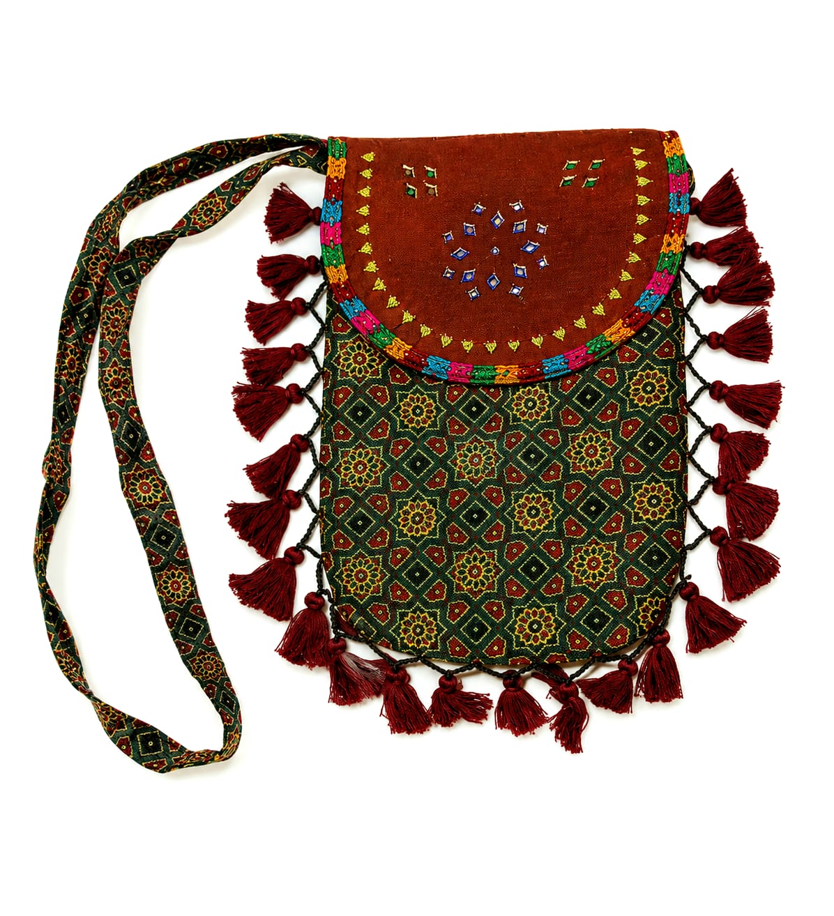 Gajji Silk Ajrakh Printed Leather Crossbody Flip Sling Bag