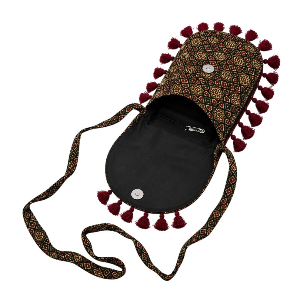 Gajji Silk Ajrakh Printed Leather Crossbody Flip Sling Bag