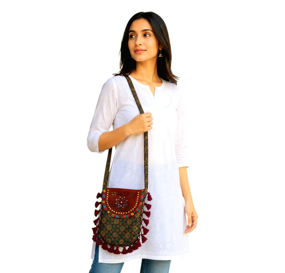 Gajji Silk Ajrakh Printed Leather Crossbody Flip Sling Bag