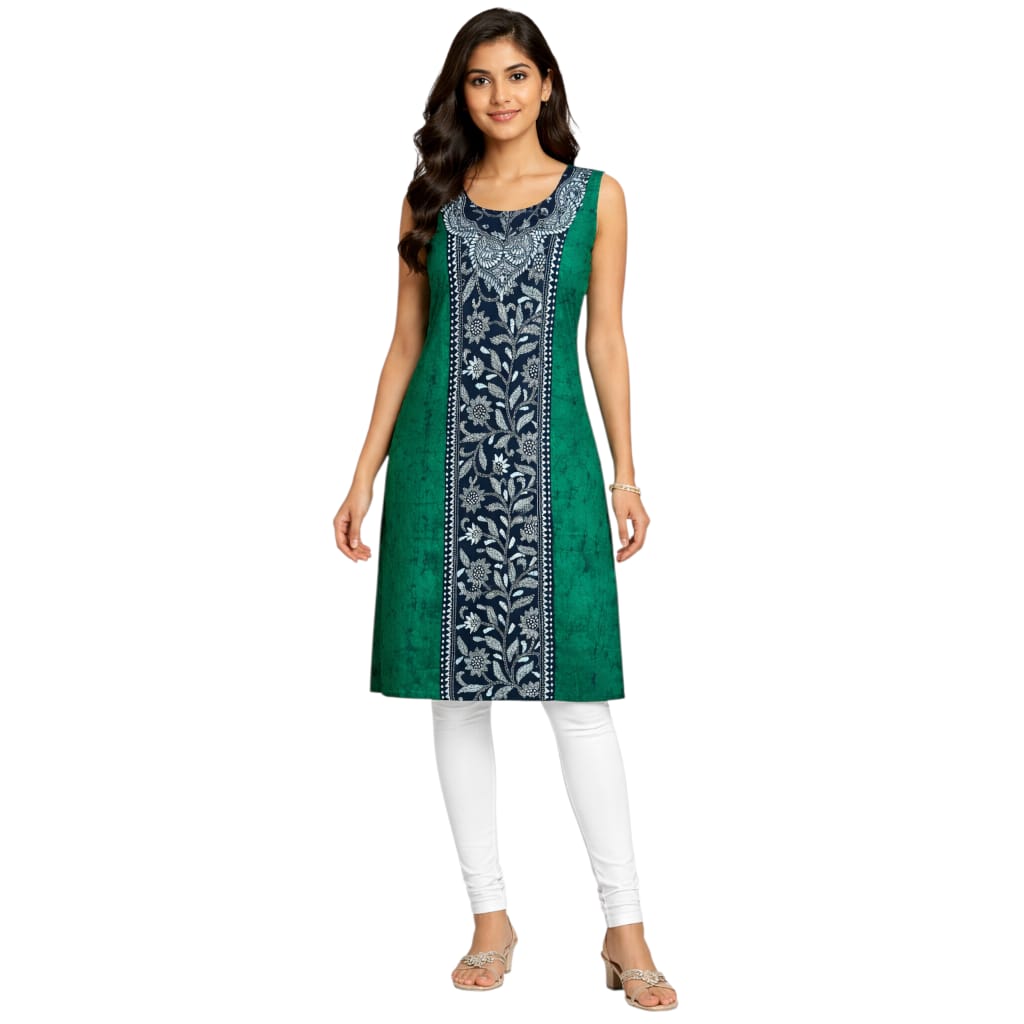 Pure Cotton Hand Printed Kurti (with Sleeve/Sleeveless) with Kantha Hand Embroidery Work