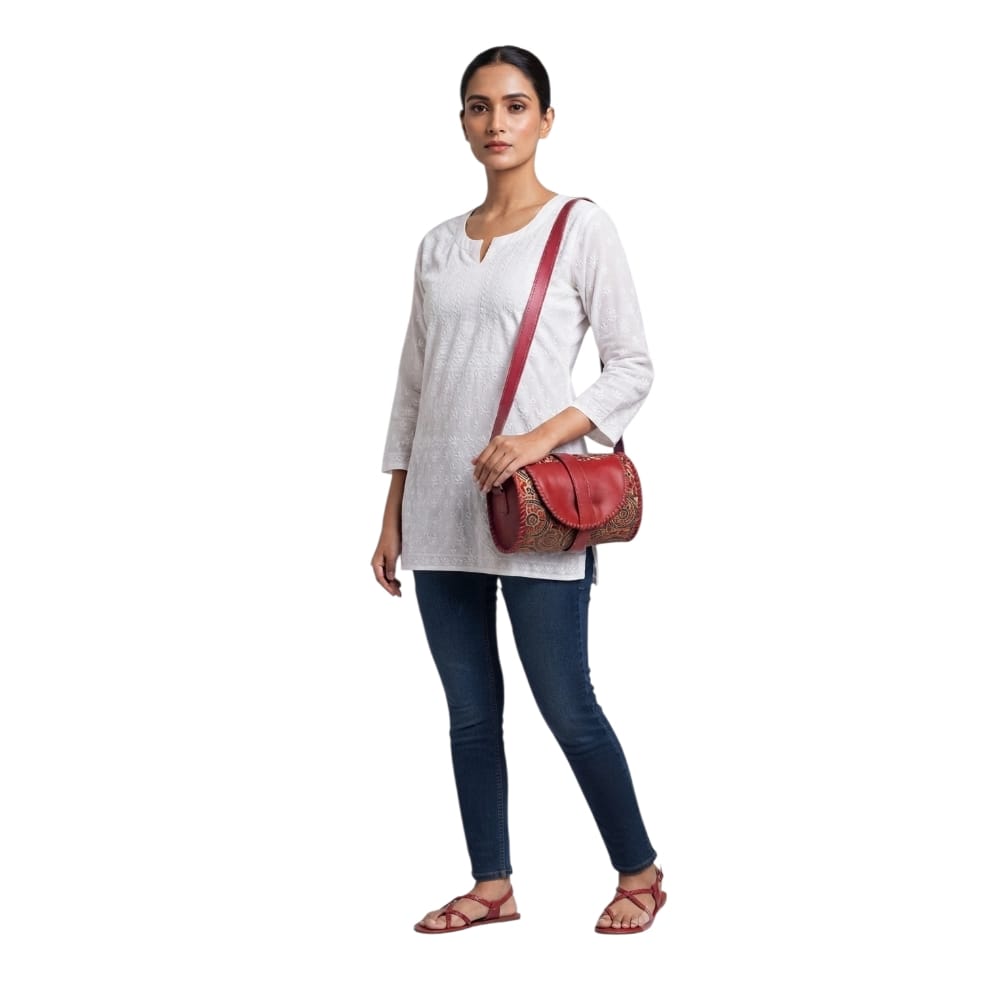 Handcrafted Leather Dholak Style Round Sling Bag