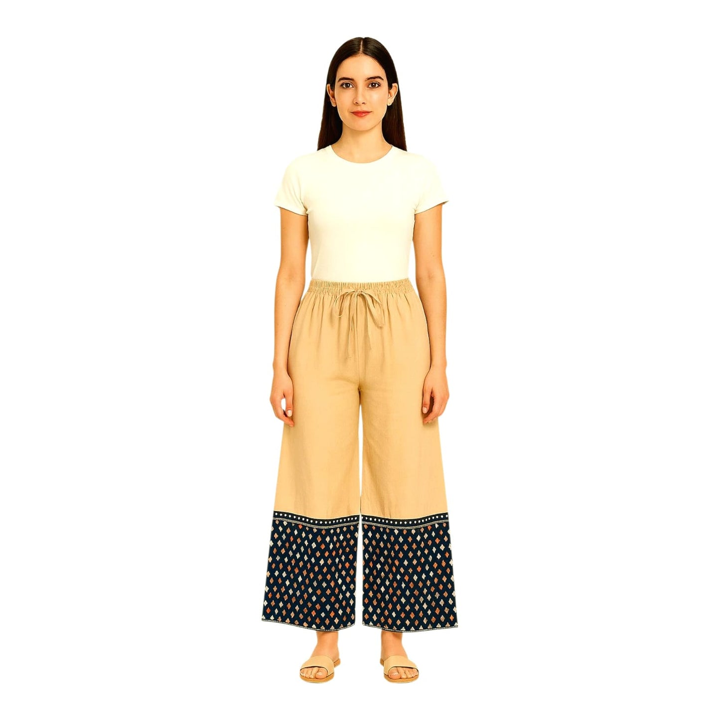 Pure Cotton Bi-Colour Kantha Embroidered Palazzo Pant | Elegant, Handcrafted Traditional Design with Comfortable | Breathable Fabric for a Stylish Look