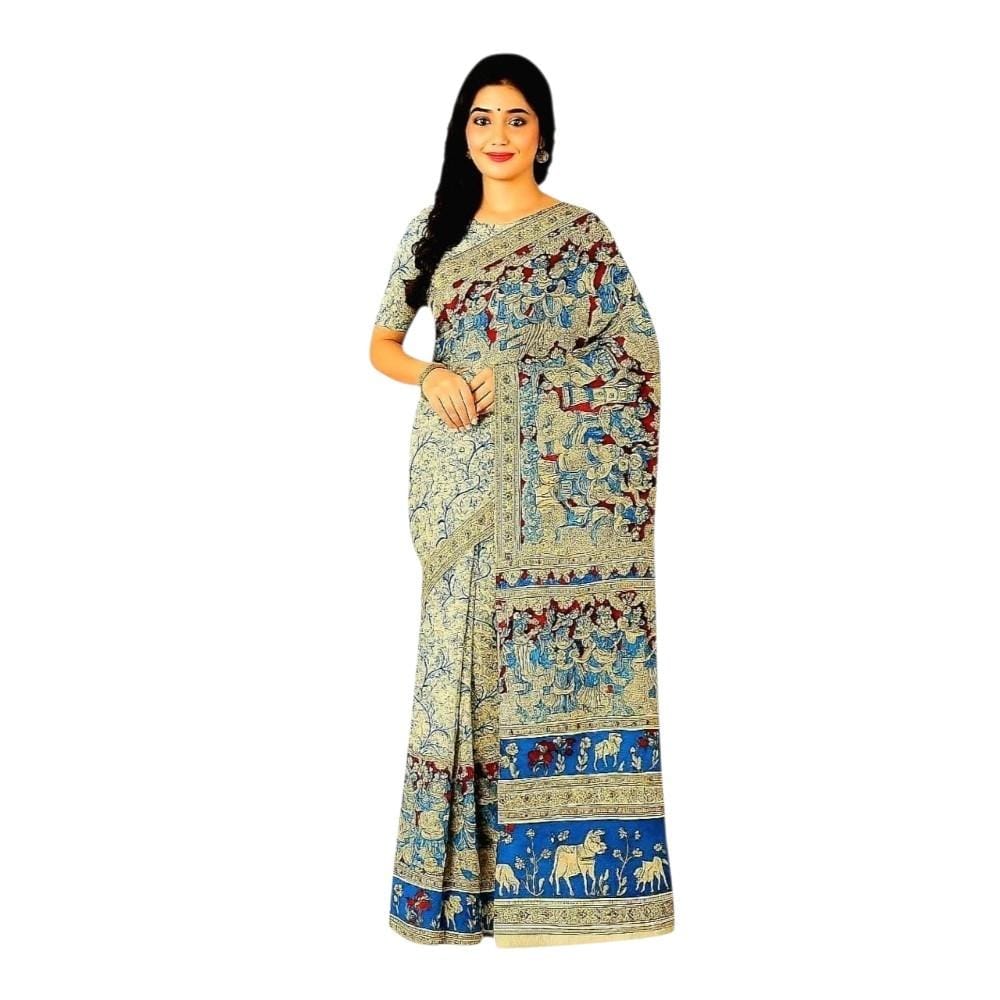 Women's Pure Cotton Hand Block Printed Kalamkari Sarees