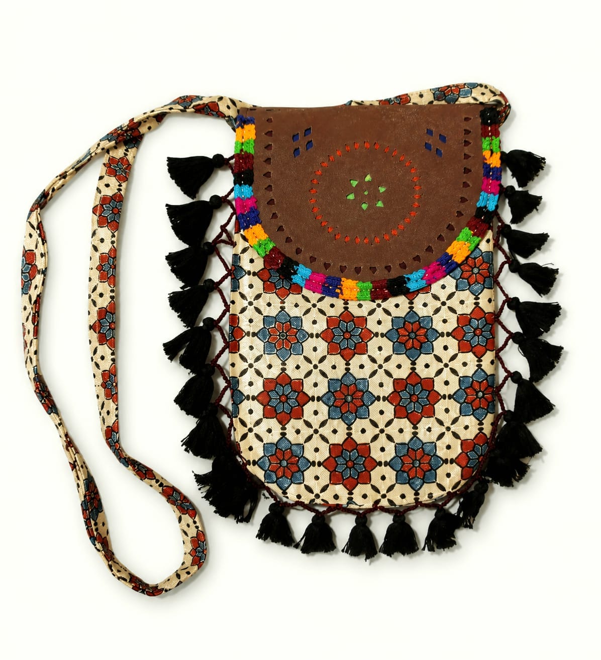 Gajji Silk Ajrakh Printed Leather Crossbody Flip Sling Bag