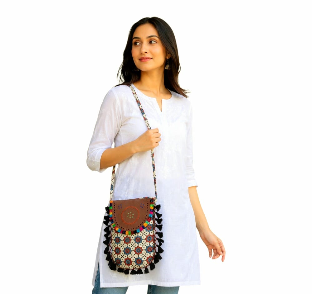 Gajji Silk Ajrakh Printed Leather Crossbody Flip Sling Bag