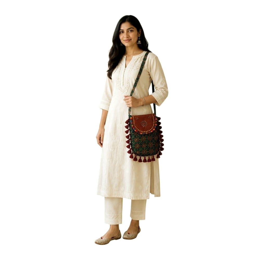Gajji Silk Ajrakh Printed Leather Crossbody Flip Sling Bag