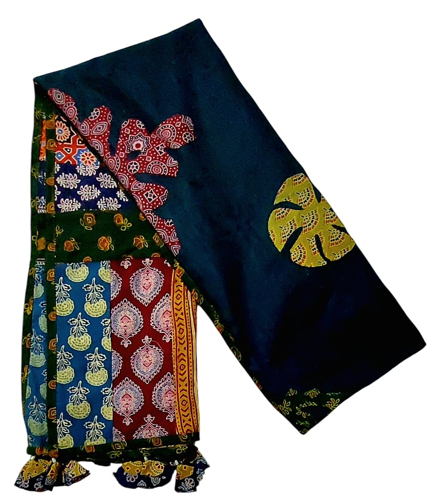 Pure Cotton Ajrakh Hand Block Printed Floral Design Patchwork Dupatta (With Tassels)