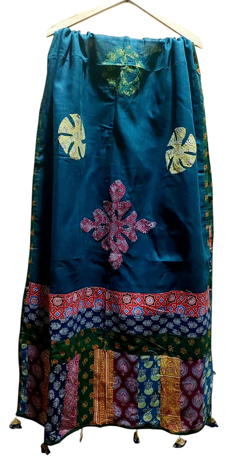 Pure Cotton Ajrakh Hand Block Printed Floral Design Patchwork Dupatta (With Tassels)