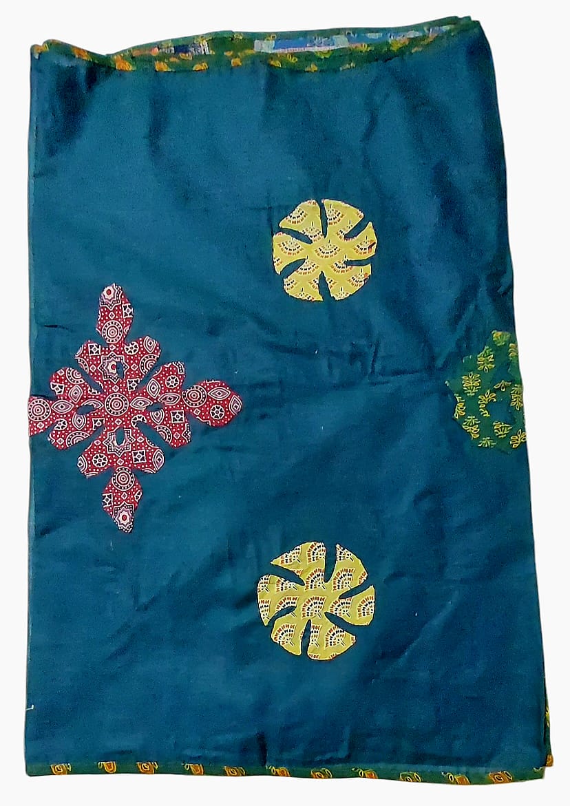 Pure Cotton Ajrakh Hand Block Printed Floral Design Patchwork Dupatta (With Tassels)