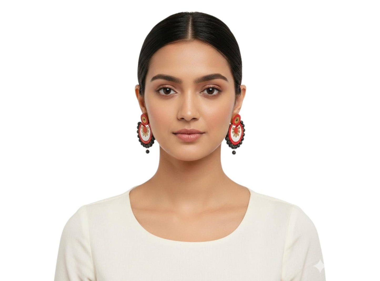 Fashweave Purely Handmade Terracotta Stud Earrings (Half Circle Floral Design)