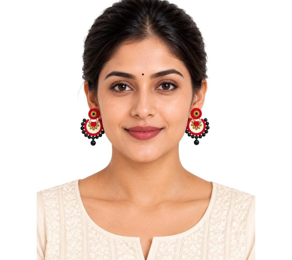Fashweave Purely Handmade Terracotta Stud Earrings (Half Circle Floral Design)