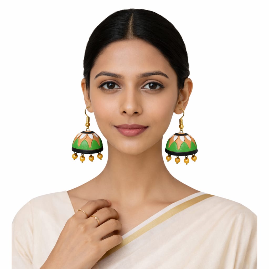 Purely Handmade Terracotta Multi-Coloured Dome Shaped Jhumka Earrings(With Beads)