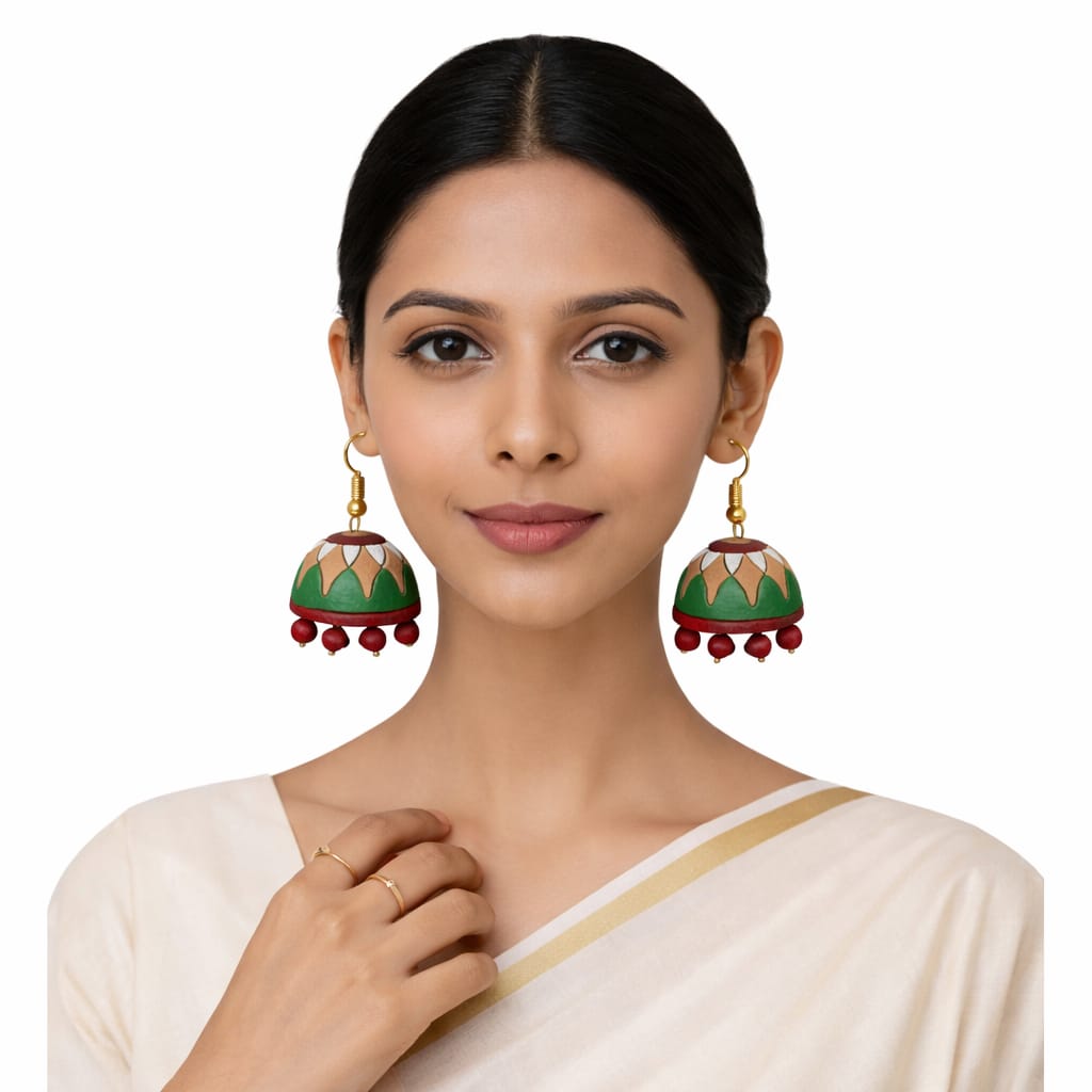 Purely Handmade Terracotta Multi-Coloured Dome Shaped Jhumka Earrings(With Beads)