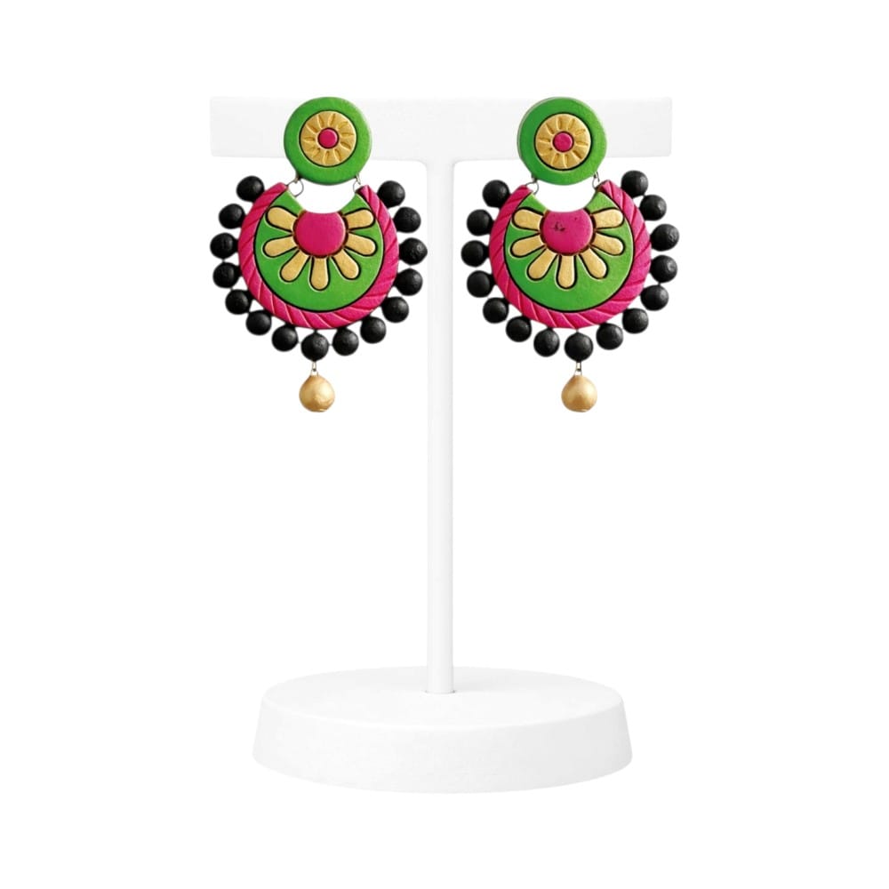 Fashweave Purely Handmade Terracotta Stud Earrings (Half Circle Floral Design)