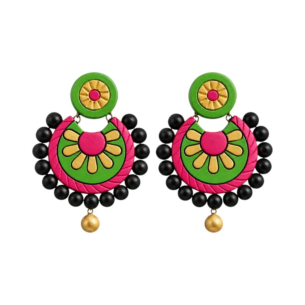 Fashweave Purely Handmade Terracotta Stud Earrings (Half Circle Floral Design)