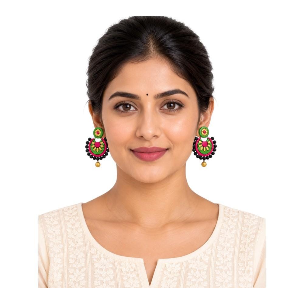 Fashweave Purely Handmade Terracotta Stud Earrings (Half Circle Floral Design)