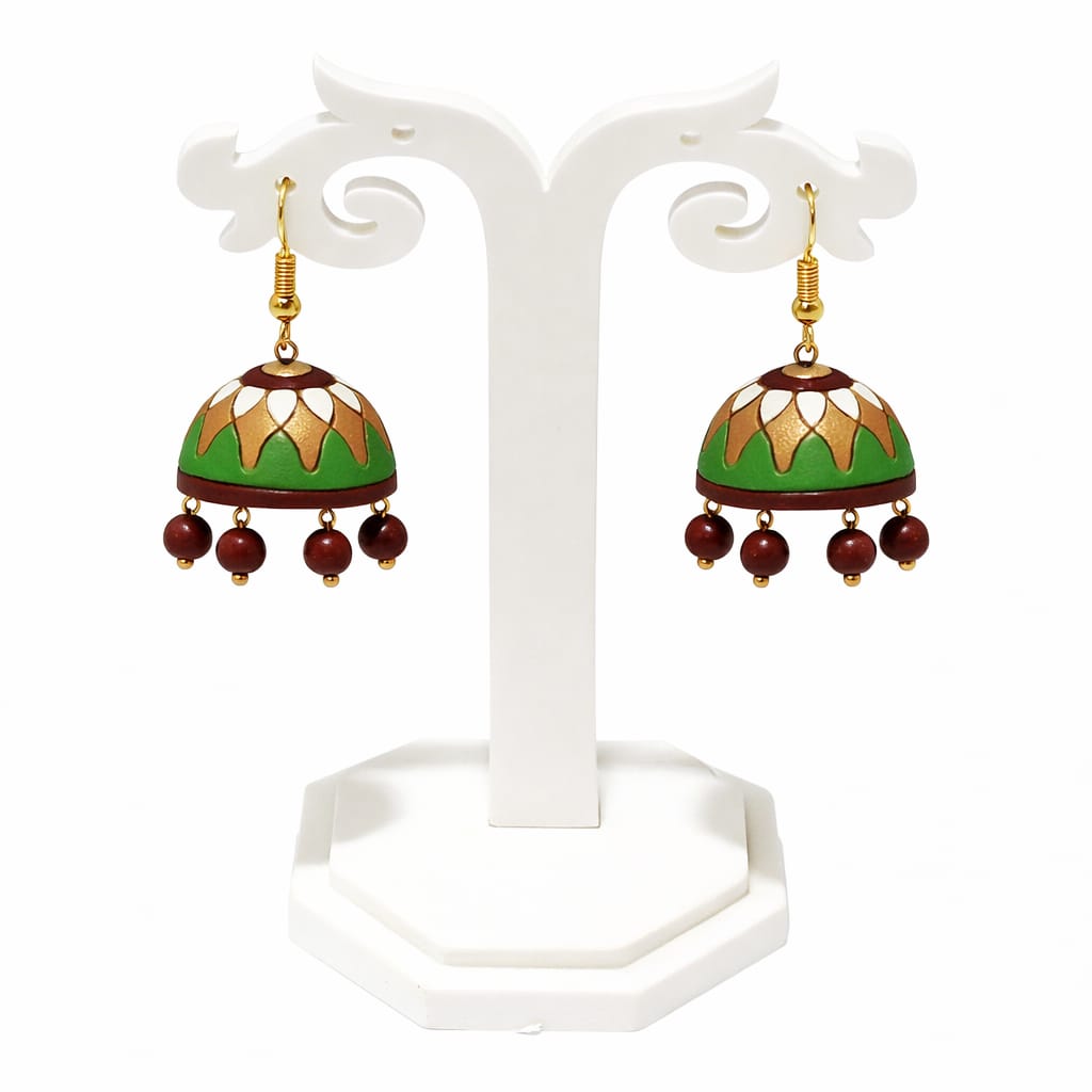 Purely Handmade Terracotta Multi-Coloured Dome Shaped Jhumka Earrings(With Beads)