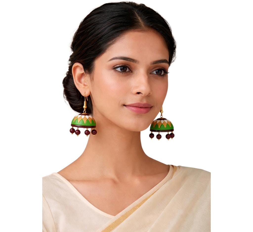 Purely Handmade Terracotta Multi-Coloured Dome Shaped Jhumka Earrings(With Beads)