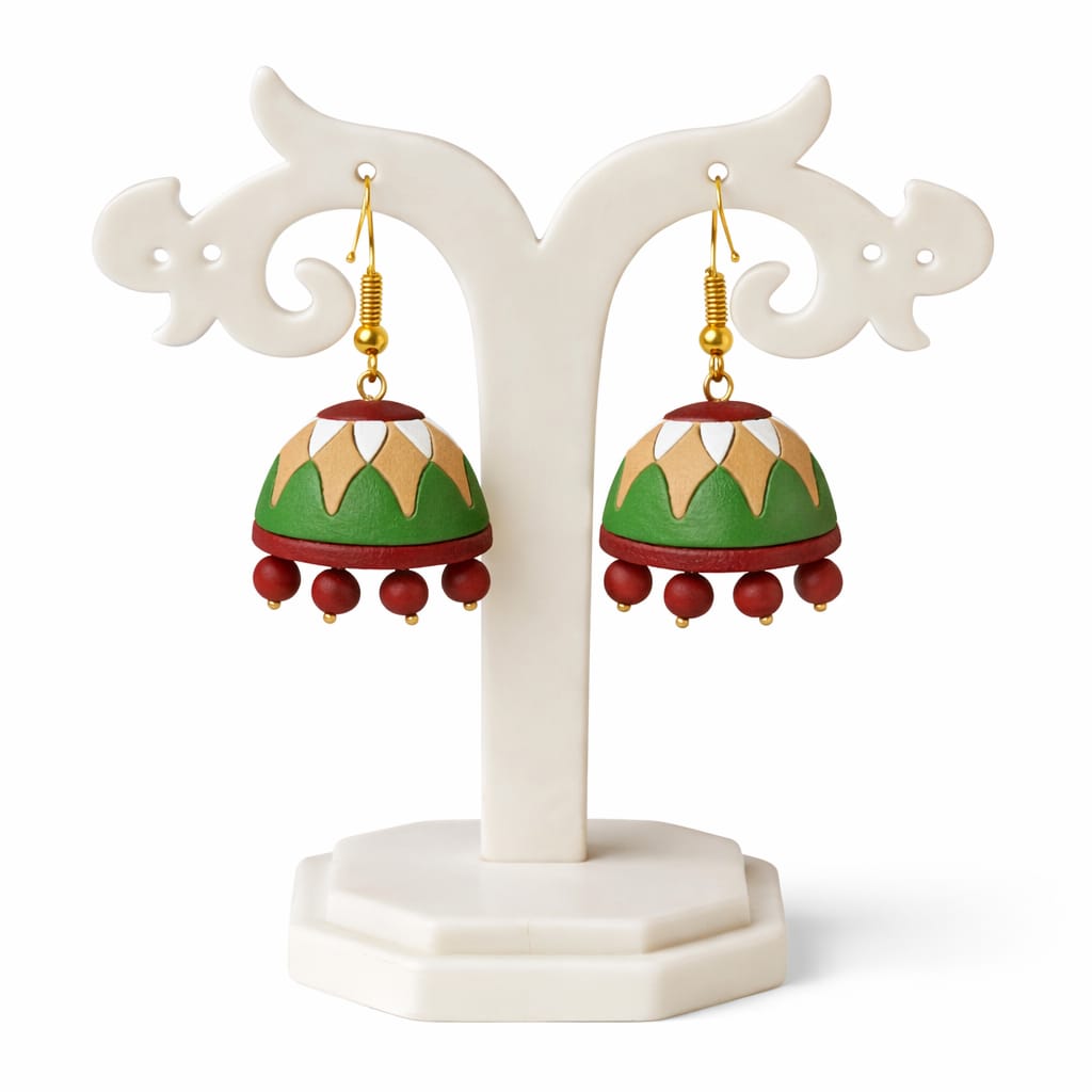 Purely Handmade Terracotta Multi-Coloured Dome Shaped Jhumka Earrings(With Beads)