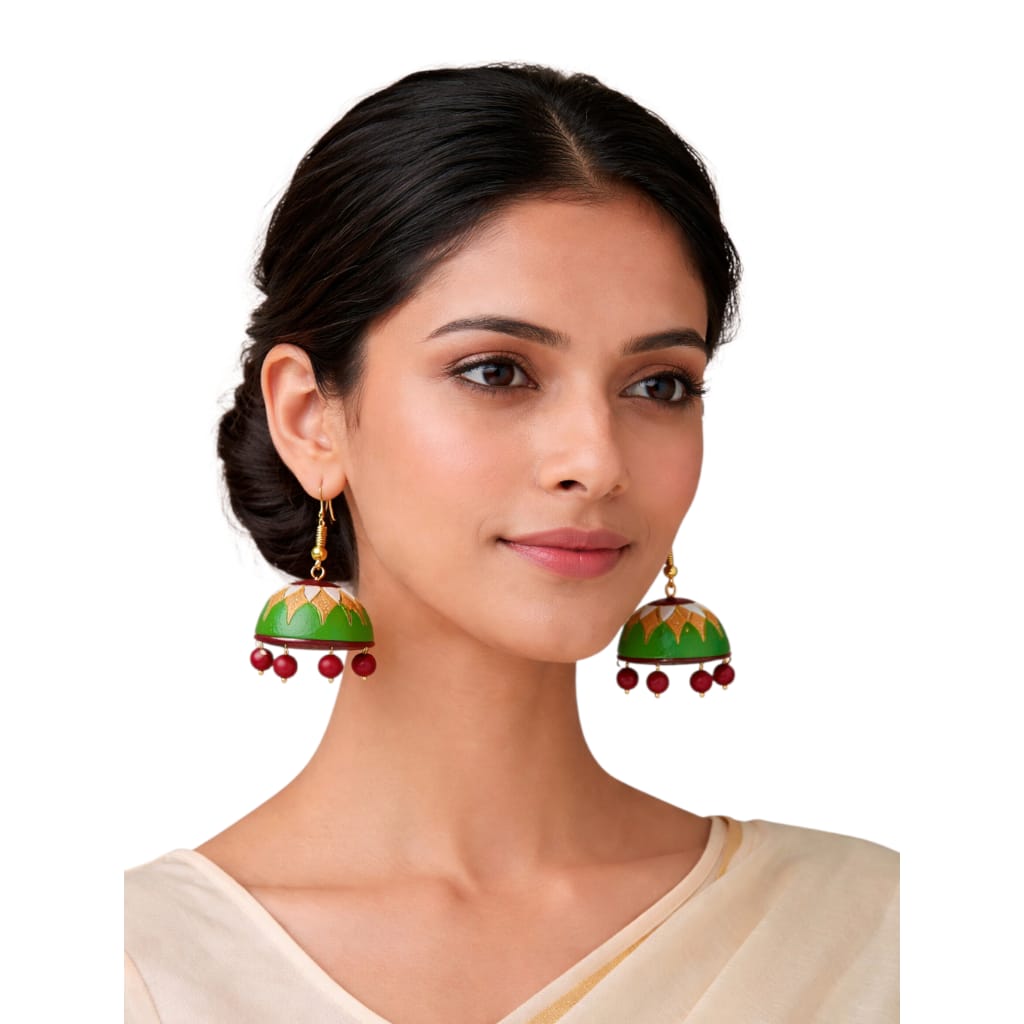 Purely Handmade Terracotta Multi-Coloured Dome Shaped Jhumka Earrings(With Beads)