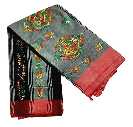 Purely Handmade Dual Colour Khadi Kantha Embroidered Saree