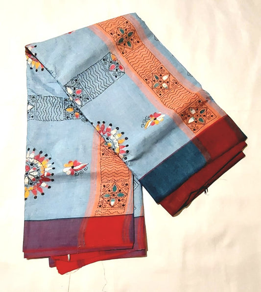 Purely Handmade Dual Colour Khadi Kantha Embroidered Saree