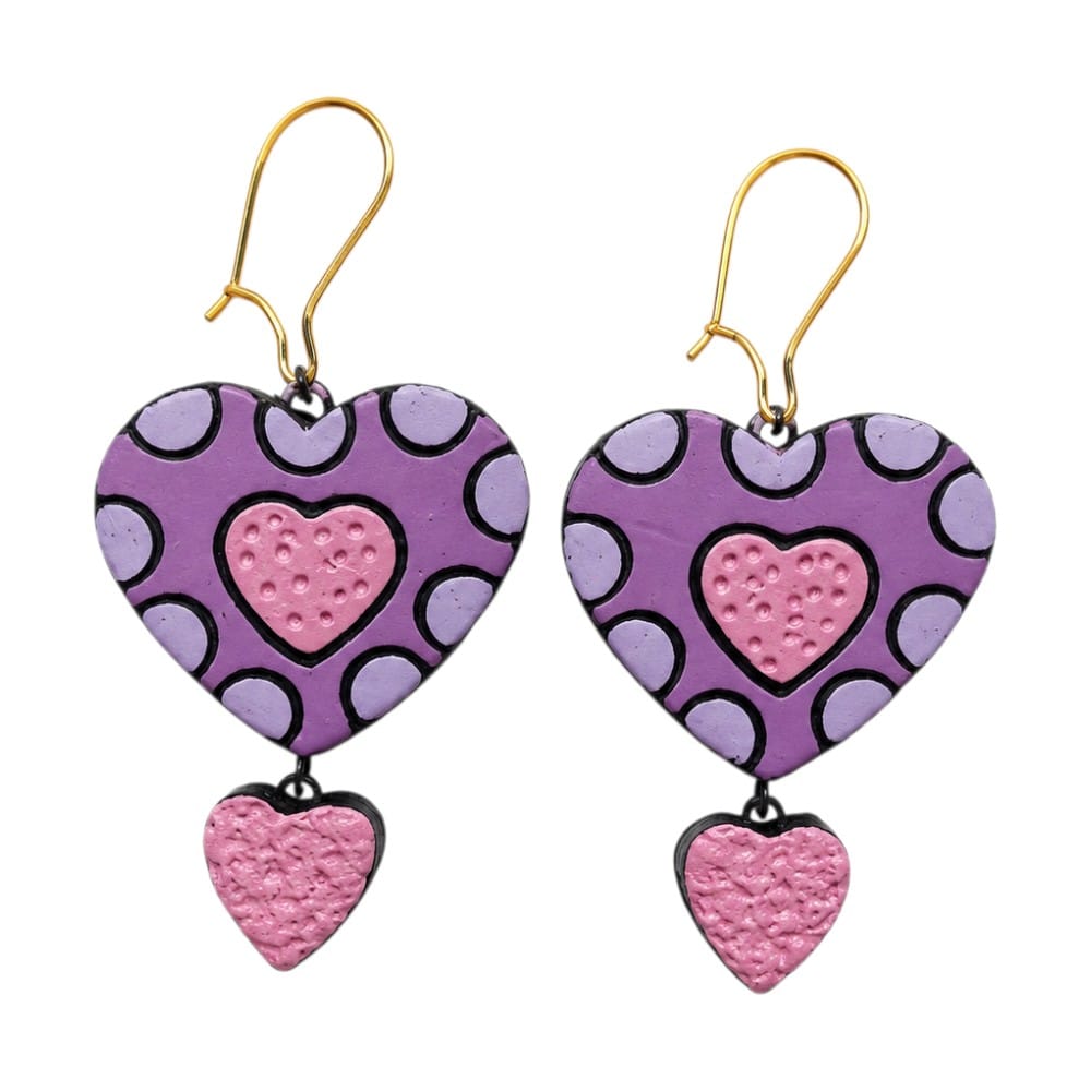 Lightweight Handcrafted Heart Shaped Terracotta Dangle Earrings (Geometric Pattern)