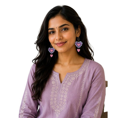 Lightweight Handcrafted Heart Shaped Terracotta Dangle Earrings (Geometric Pattern)