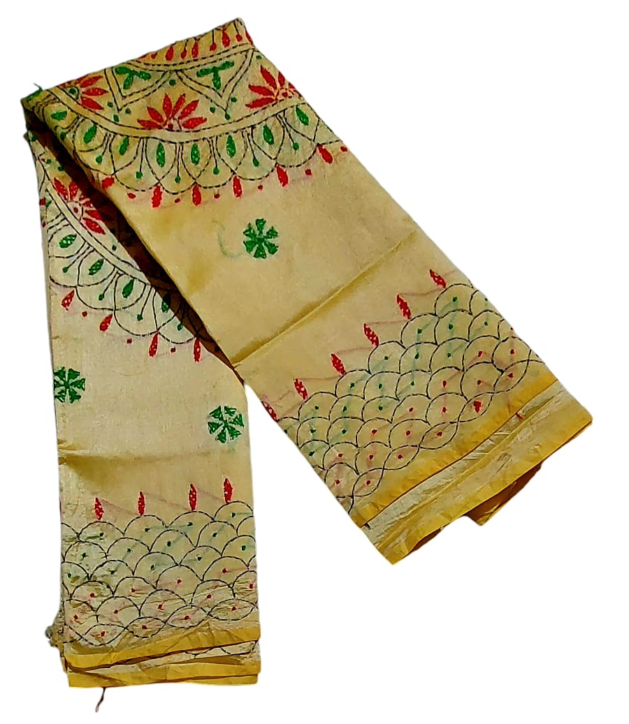 Hand Embroidered Kantha Cotton Silk Saree With Thread Work, Comfortable Fabric And Blouse Piece